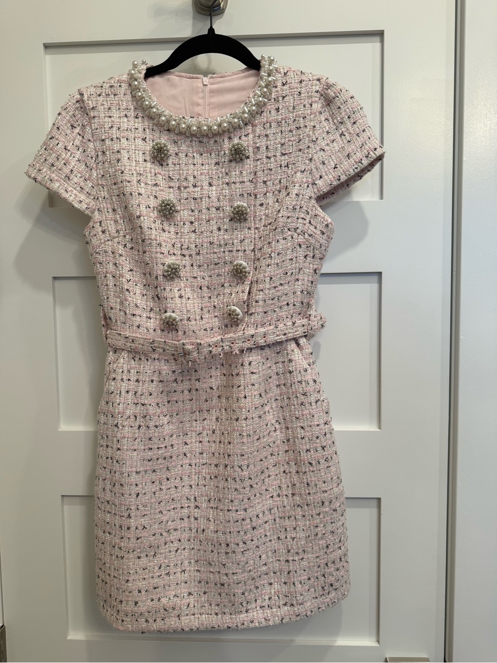 Blush Pink Textured Woven Pearl Trim Belted Mini Dress Size Small